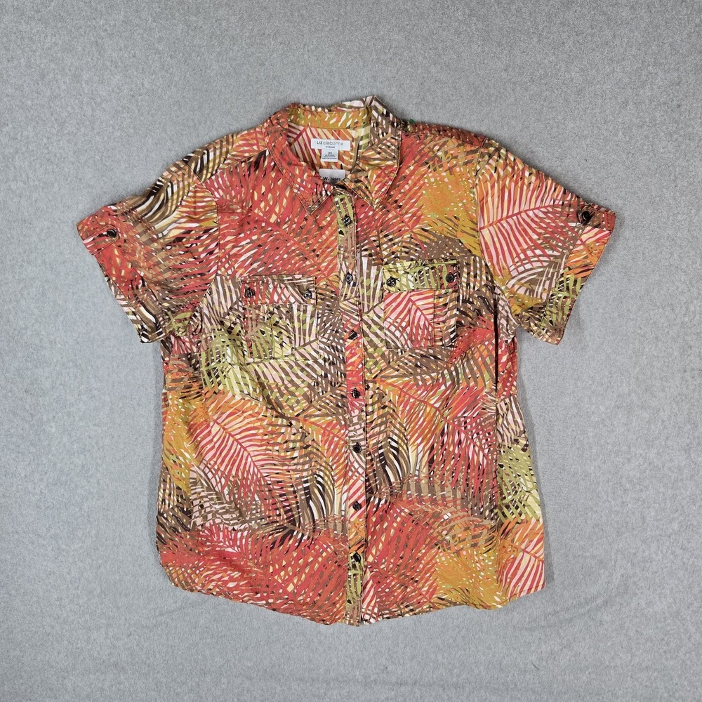 Liz Claiborne Women Button Up Shirt 2X Orange Cotton Linen Floral Hawaiian